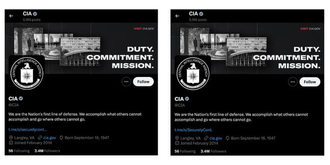 Side-by-side images of the CIA's X profile. On the left is the current, fixed profile displaying the correctly shortened URL. On the right, the image shows how the URL appeared after it was erroneously truncated and directing to a different channel 